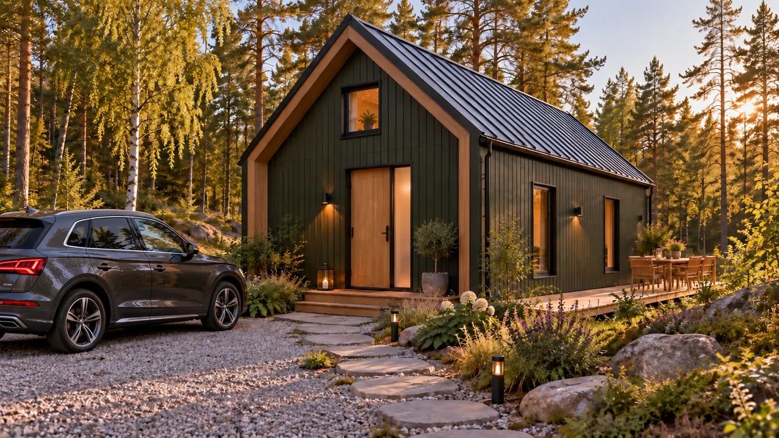 MINI BARN: вход и парковка с Audi среди сосен