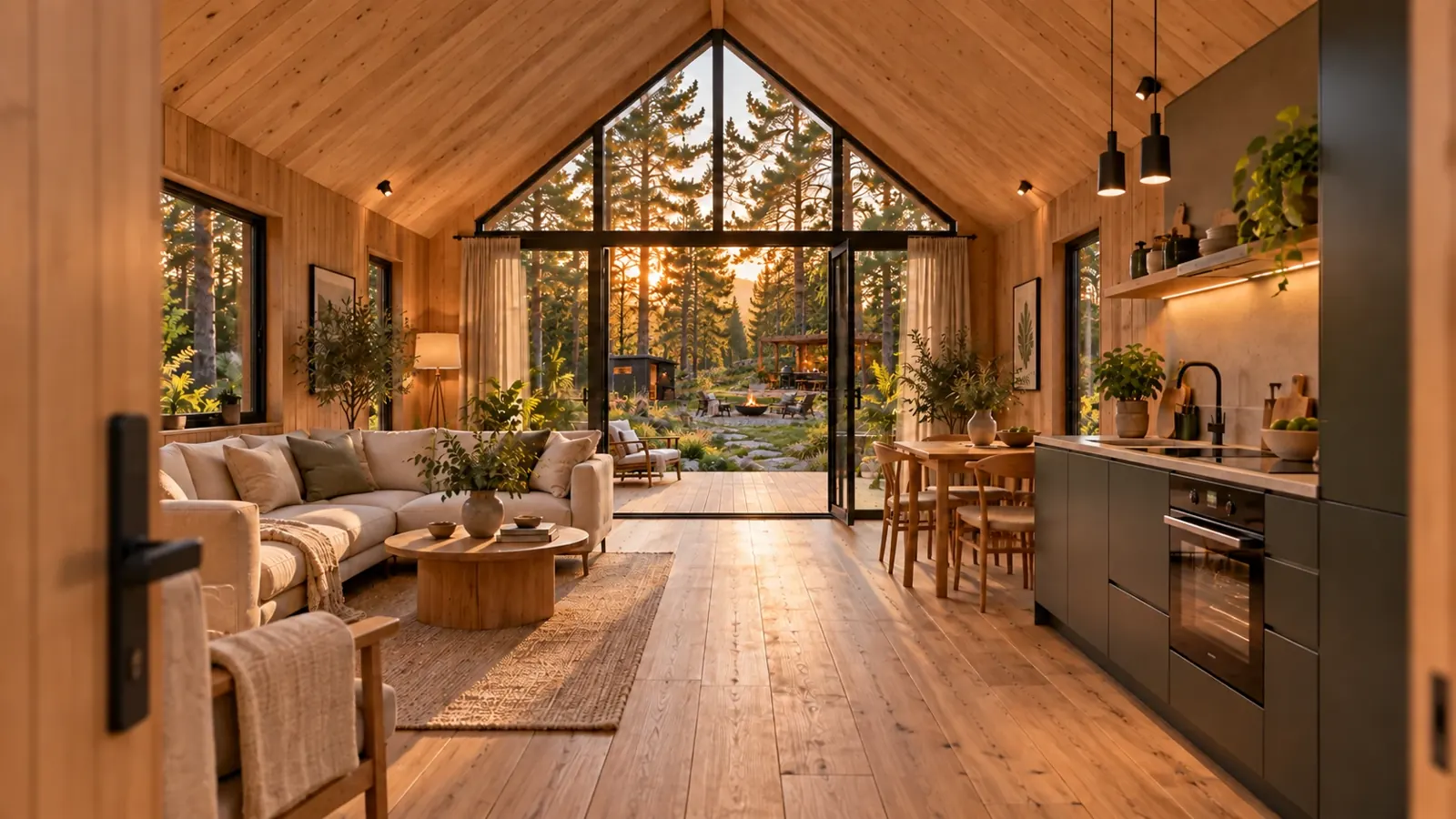 Гостиная MINI BARN с видом на сосновый двор через панорамные окна